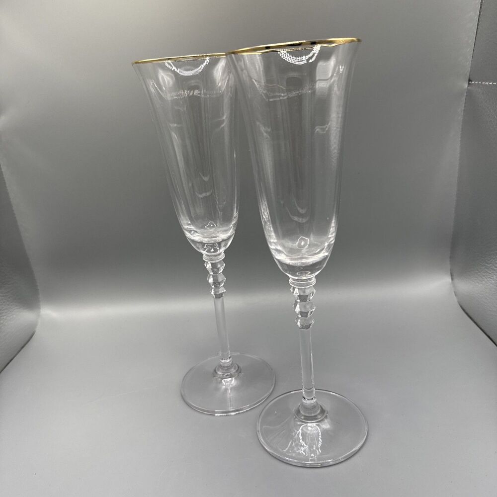 Mikasa Sonata Gold Champagne Flutes 9” Pair Vintage Crystal Stemware Elegant